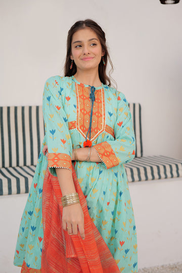 GBD-03003 | Sea Green & Muliticolor | Casual Plus 3 Piece Suit | Cotton Dobby Dye over Gold Print